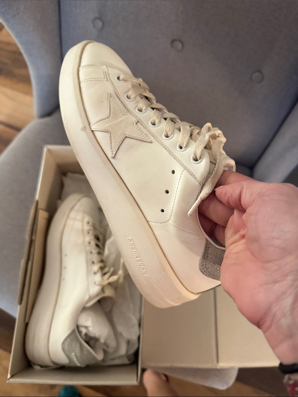 Golden Goose White Low-Top Sneaker with Silver Glitter Heel Tab - Picture 6 of 6